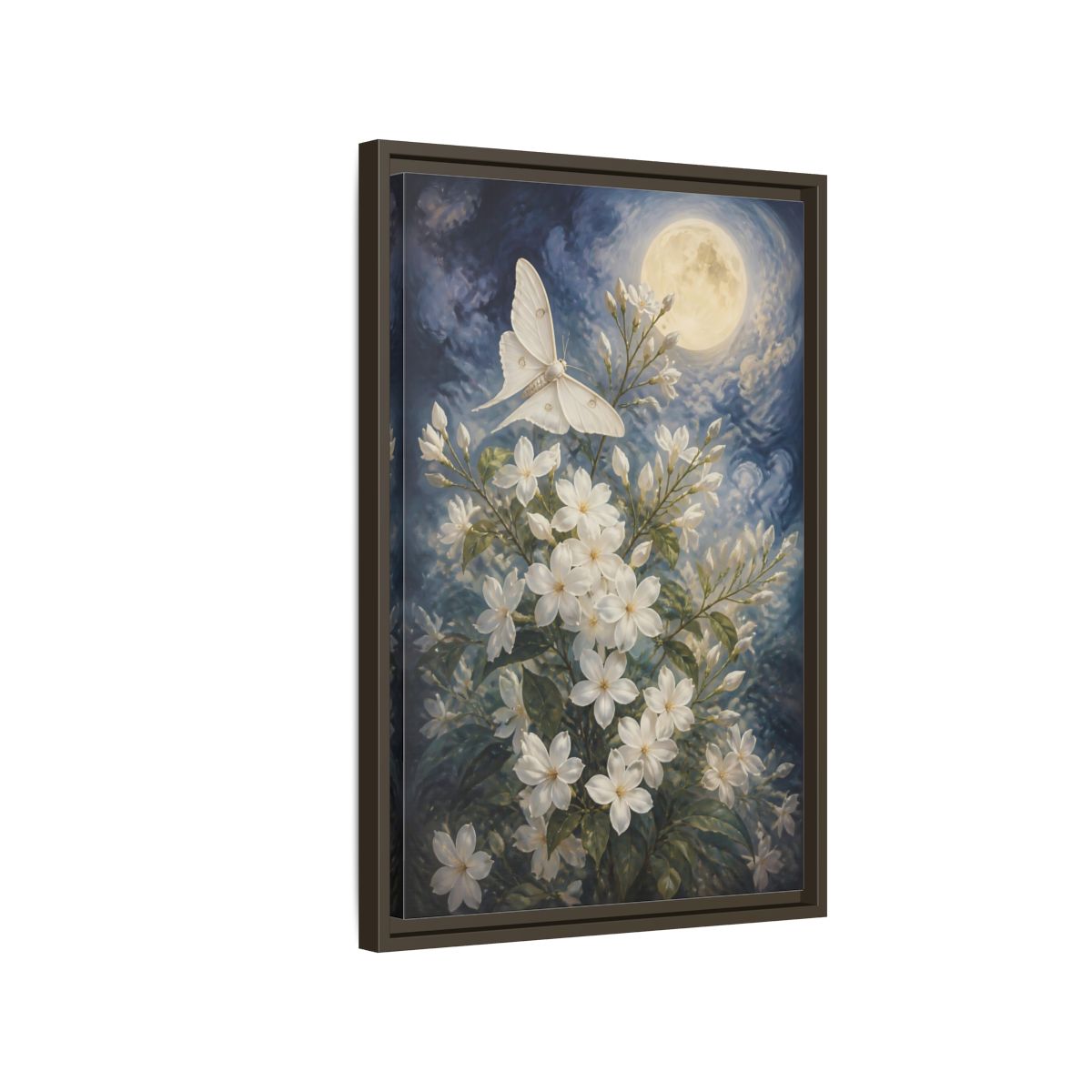Side Mockup 2. Moonlit White Blossoms shown as framed canvas print