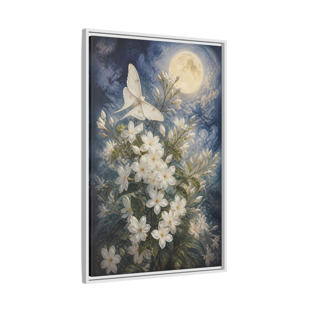 Side Mockup 9. Moonlit White Blossoms shown as framed canvas print