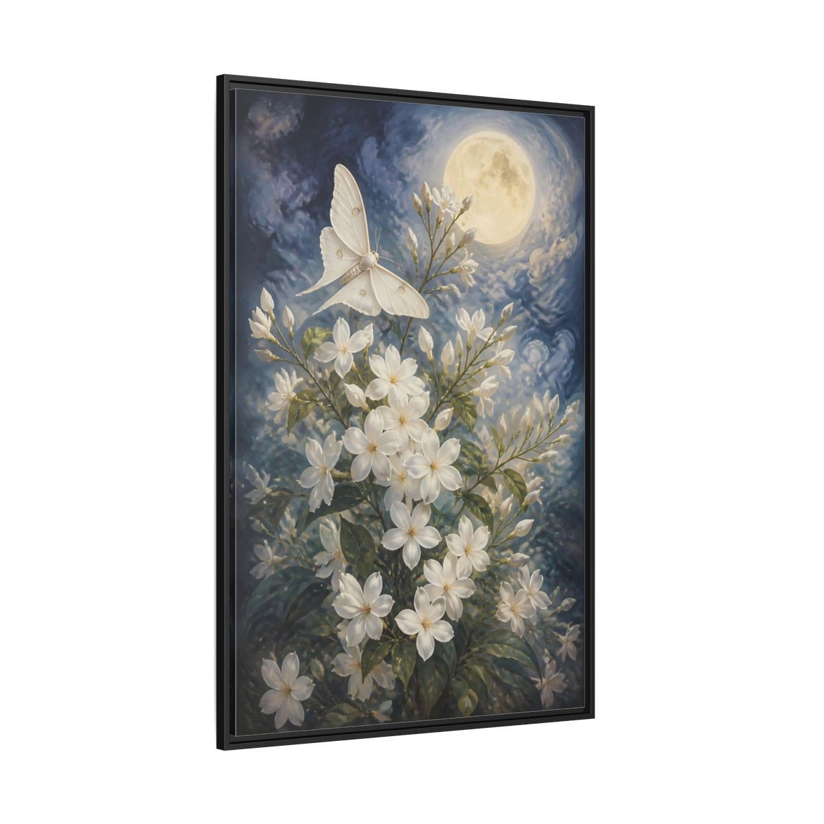 Side Mockup 12. Moonlit White Blossoms shown as framed canvas print