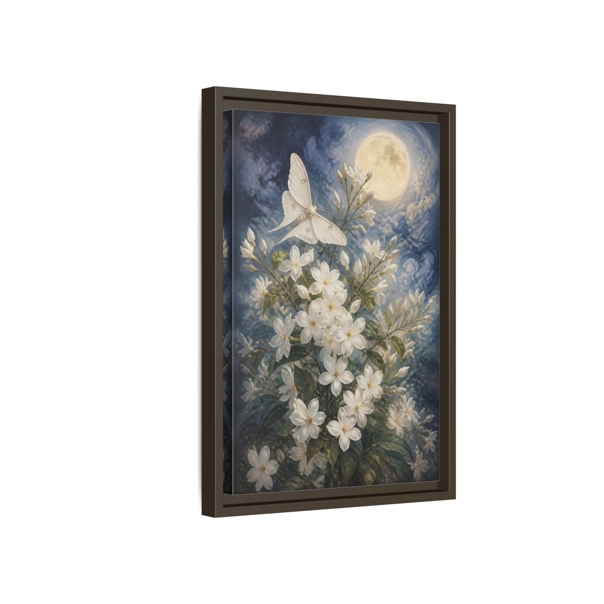Side Mockup 5. Moonlit White Blossoms shown as framed canvas print