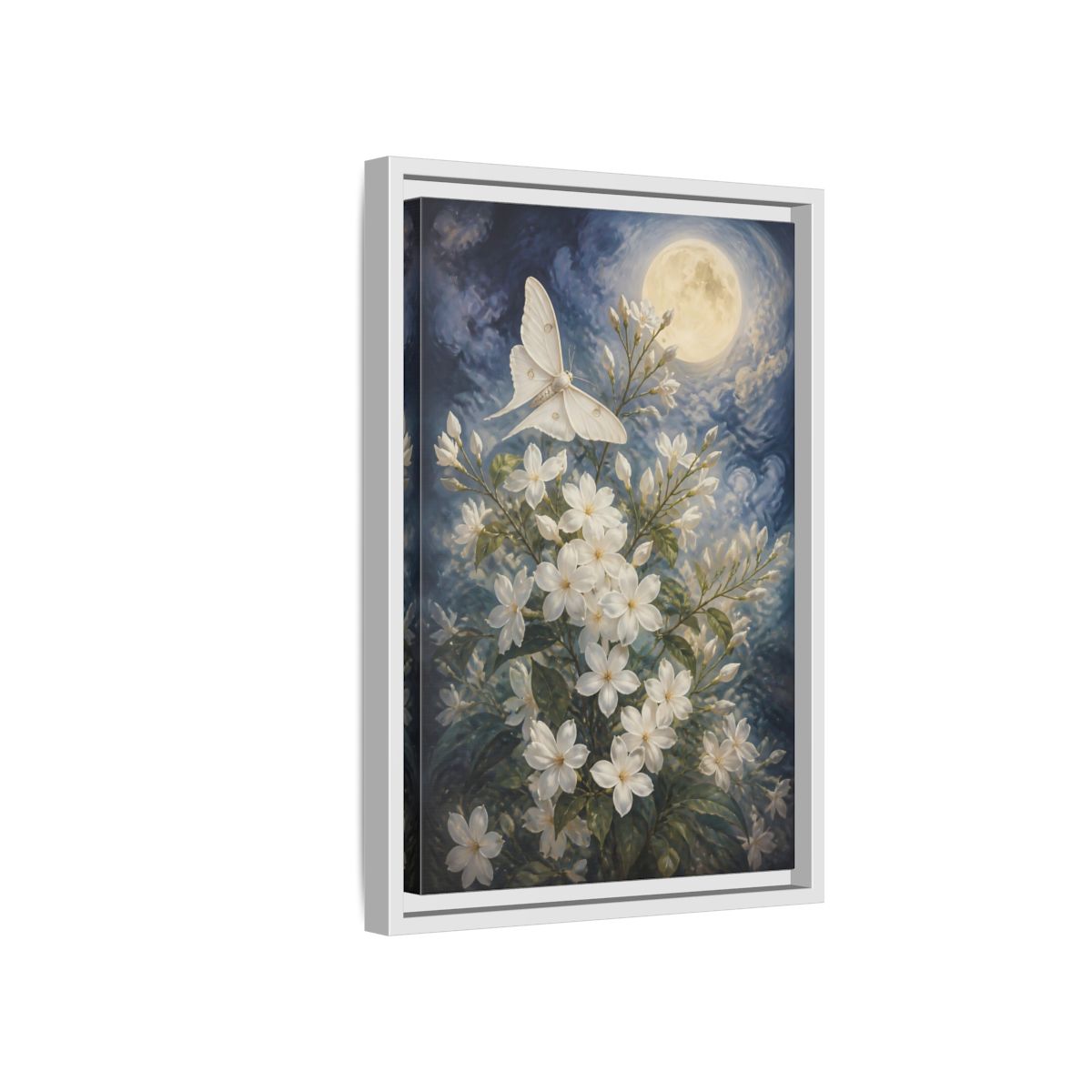 Side Mockup 4. Moonlit White Blossoms shown as framed canvas print