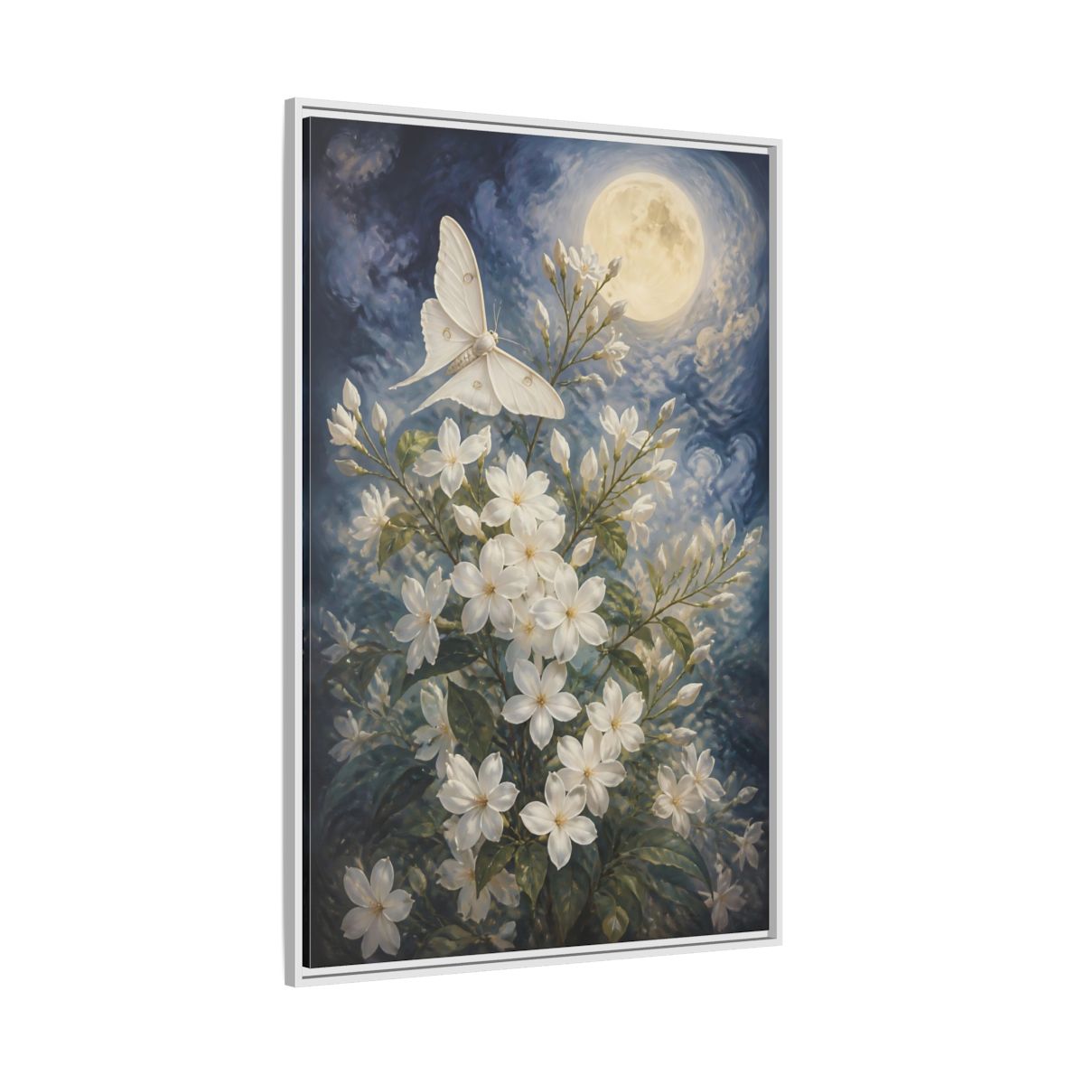 Side Mockup 7. Moonlit White Blossoms shown as framed canvas print