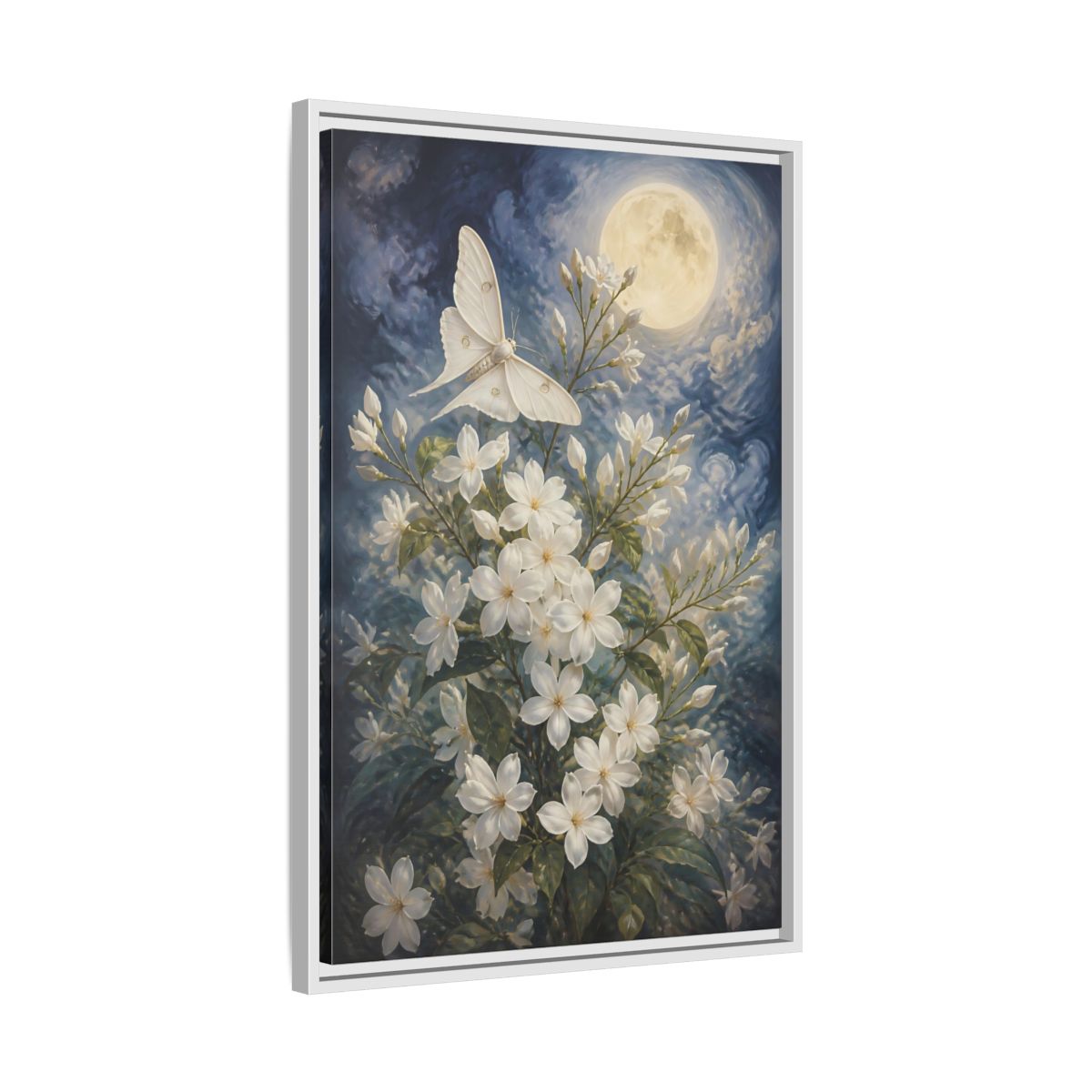 Side Mockup 10. Moonlit White Blossoms shown as framed canvas print