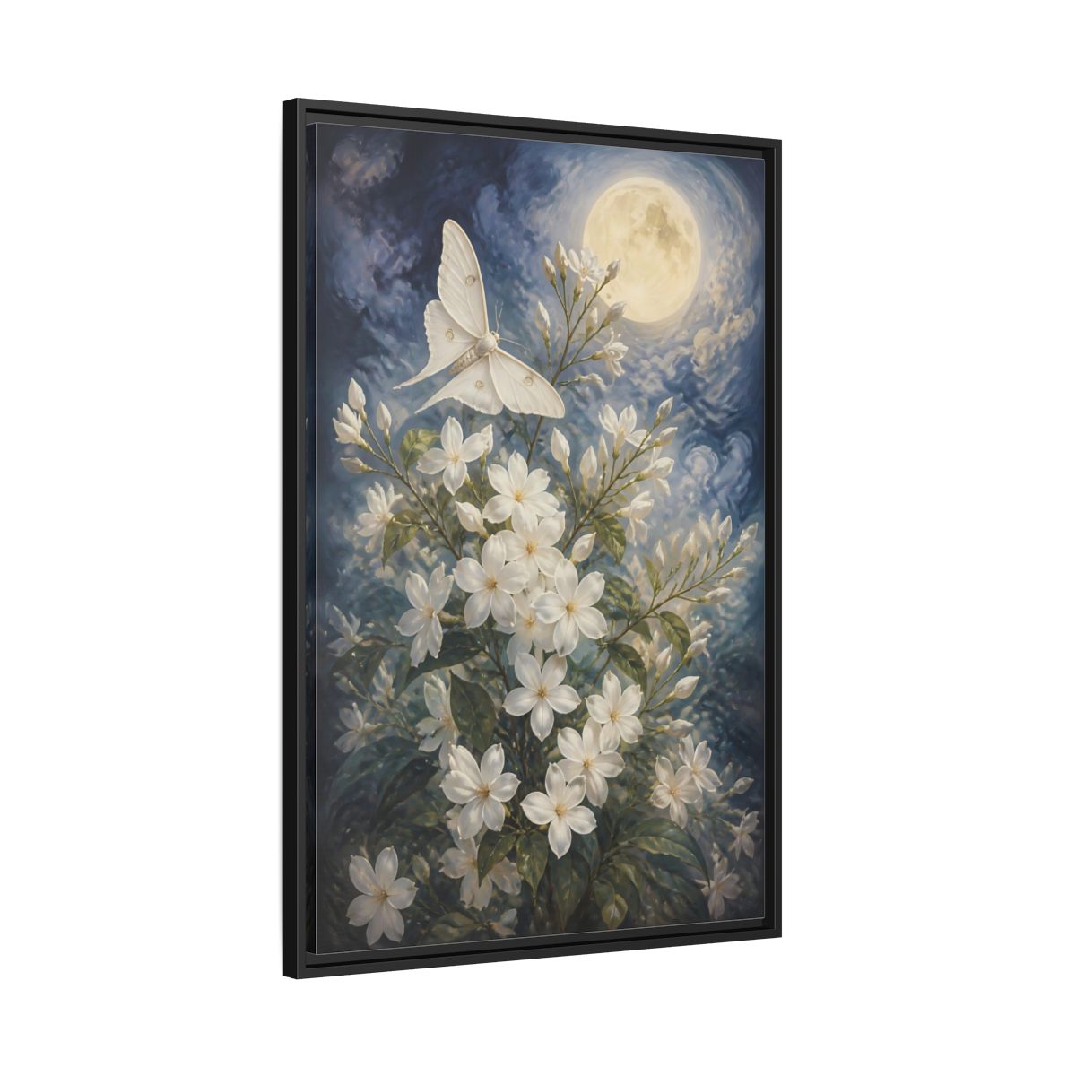 Side Mockup 13. Moonlit White Blossoms shown as framed canvas print