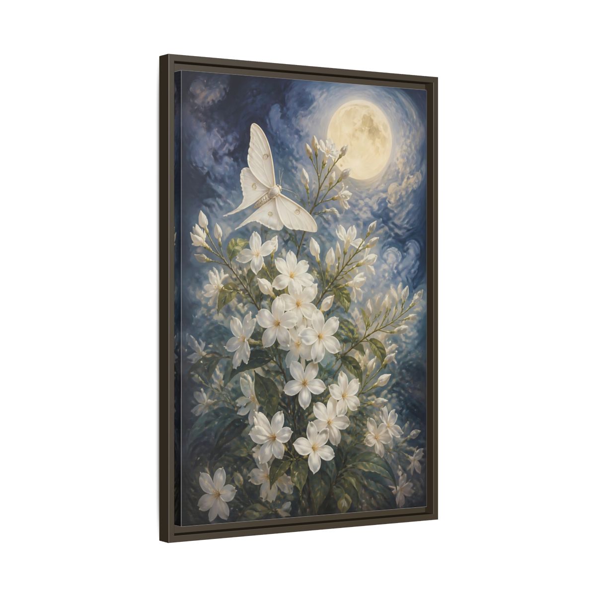 Side Mockup 11. Moonlit White Blossoms shown as framed canvas print