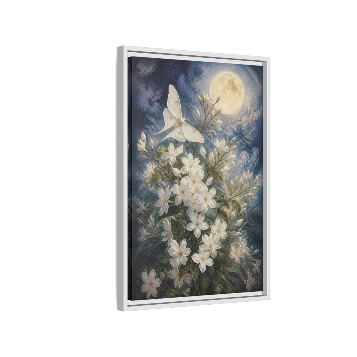 Side Mockup 1. Moonlit White Blossoms shown as framed canvas print