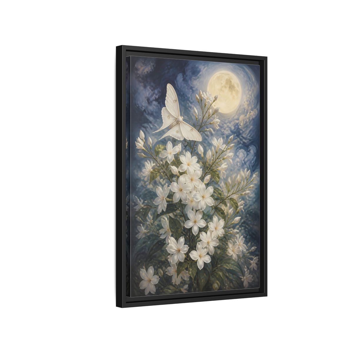 Side Mockup 3. Moonlit White Blossoms shown as framed canvas print