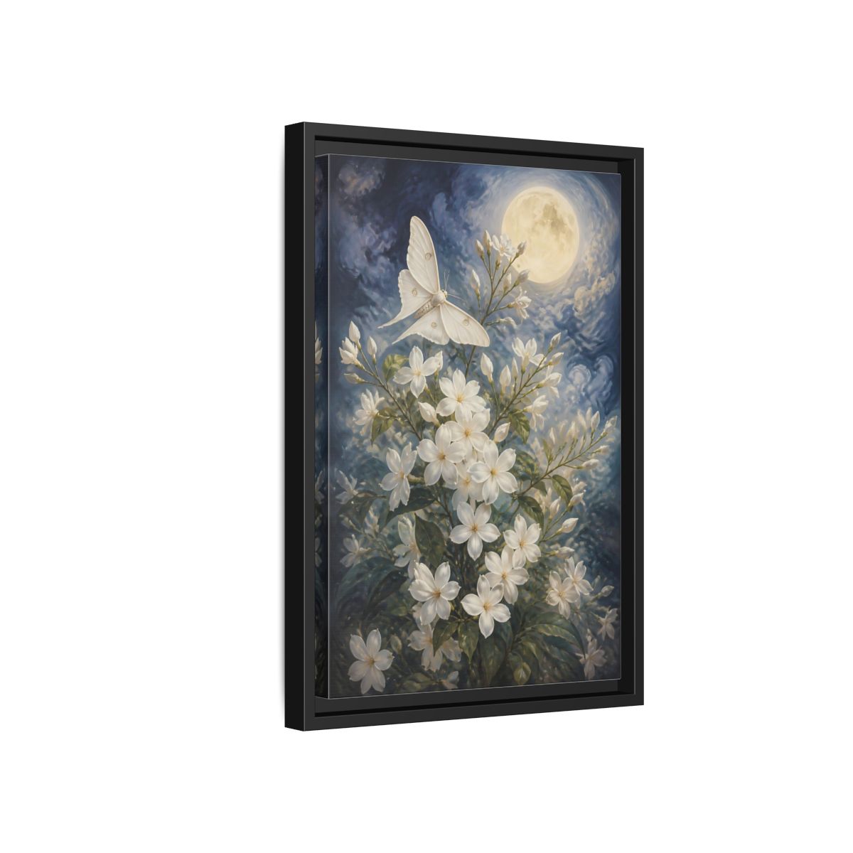 Side Mockup 6. Moonlit White Blossoms shown as framed canvas print