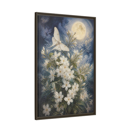 Main Mockup. Moonlit White Blossoms shown as framed canvas print