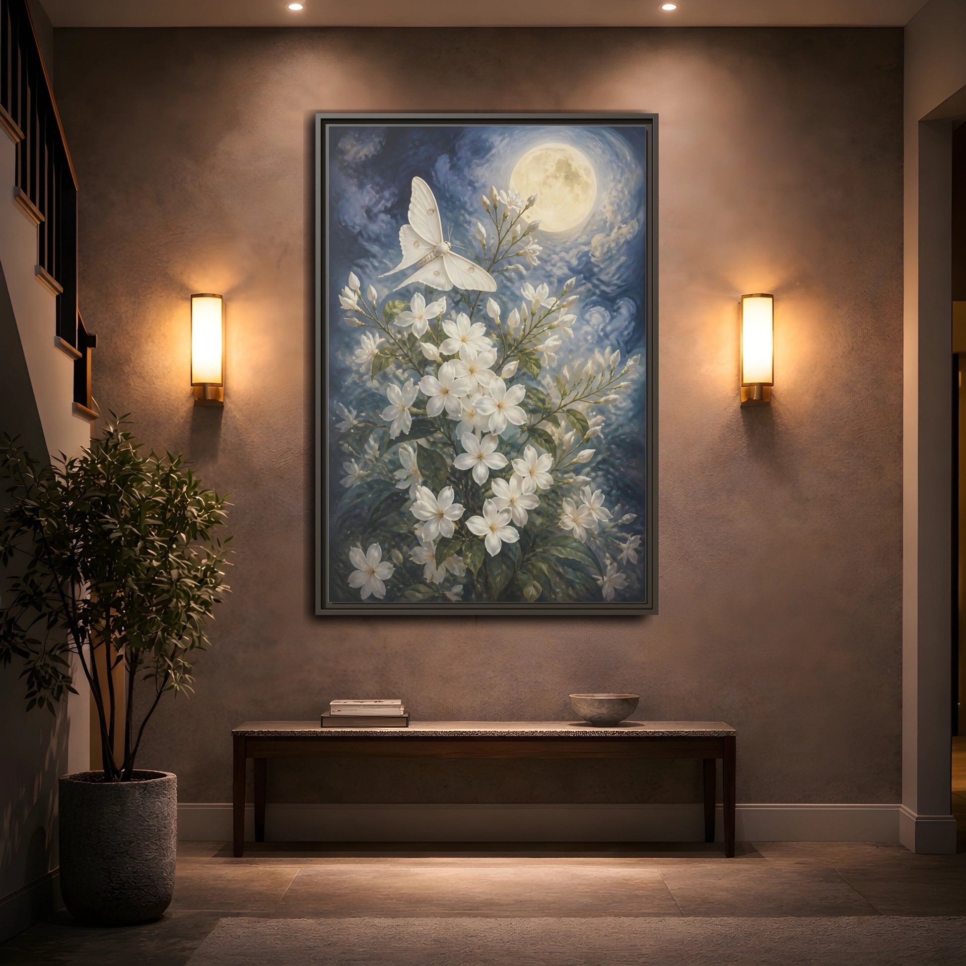 Mockup 2. Moonlit White Blossoms shown as framed canvas print