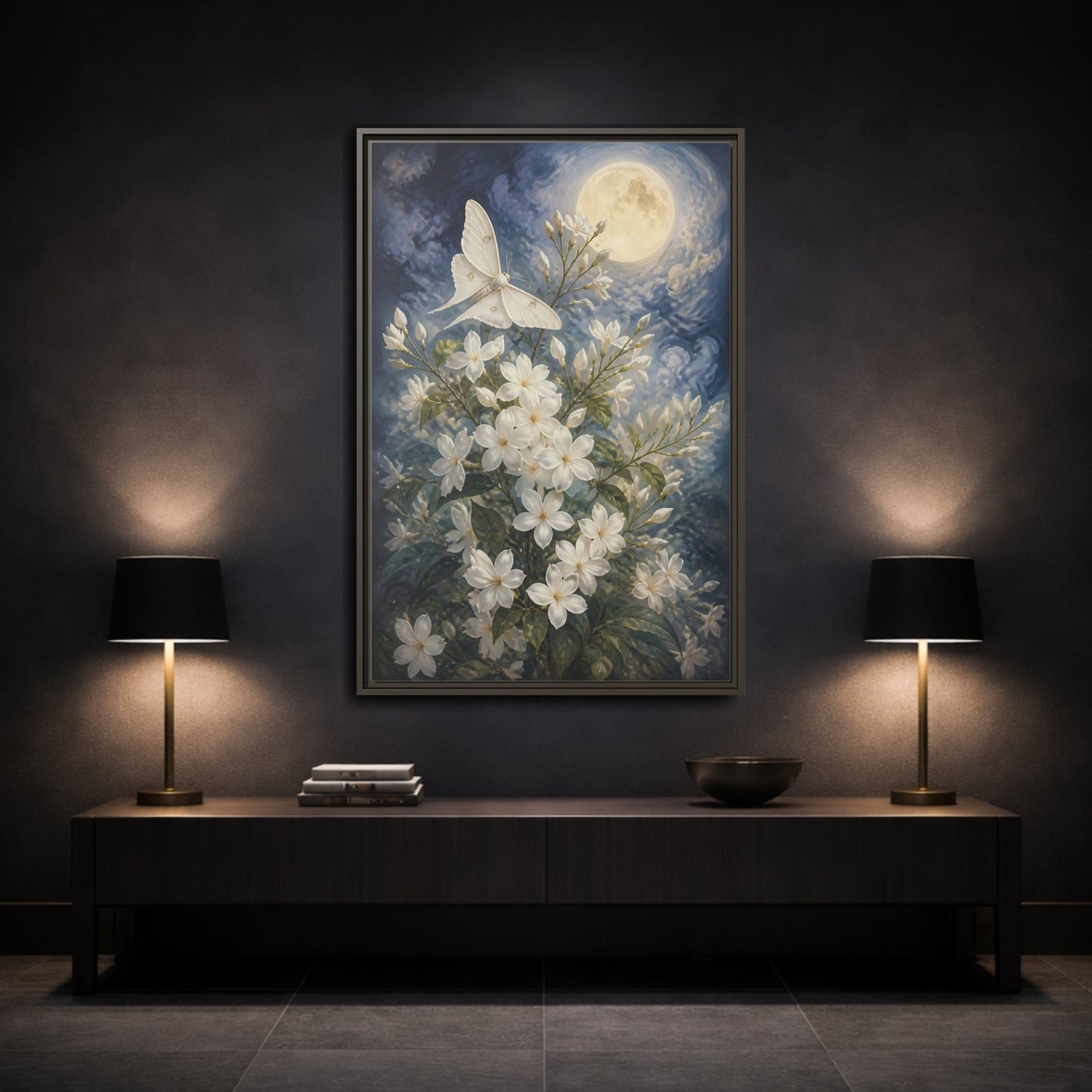Mockup 3. Moonlit White Blossoms shown as framed canvas print