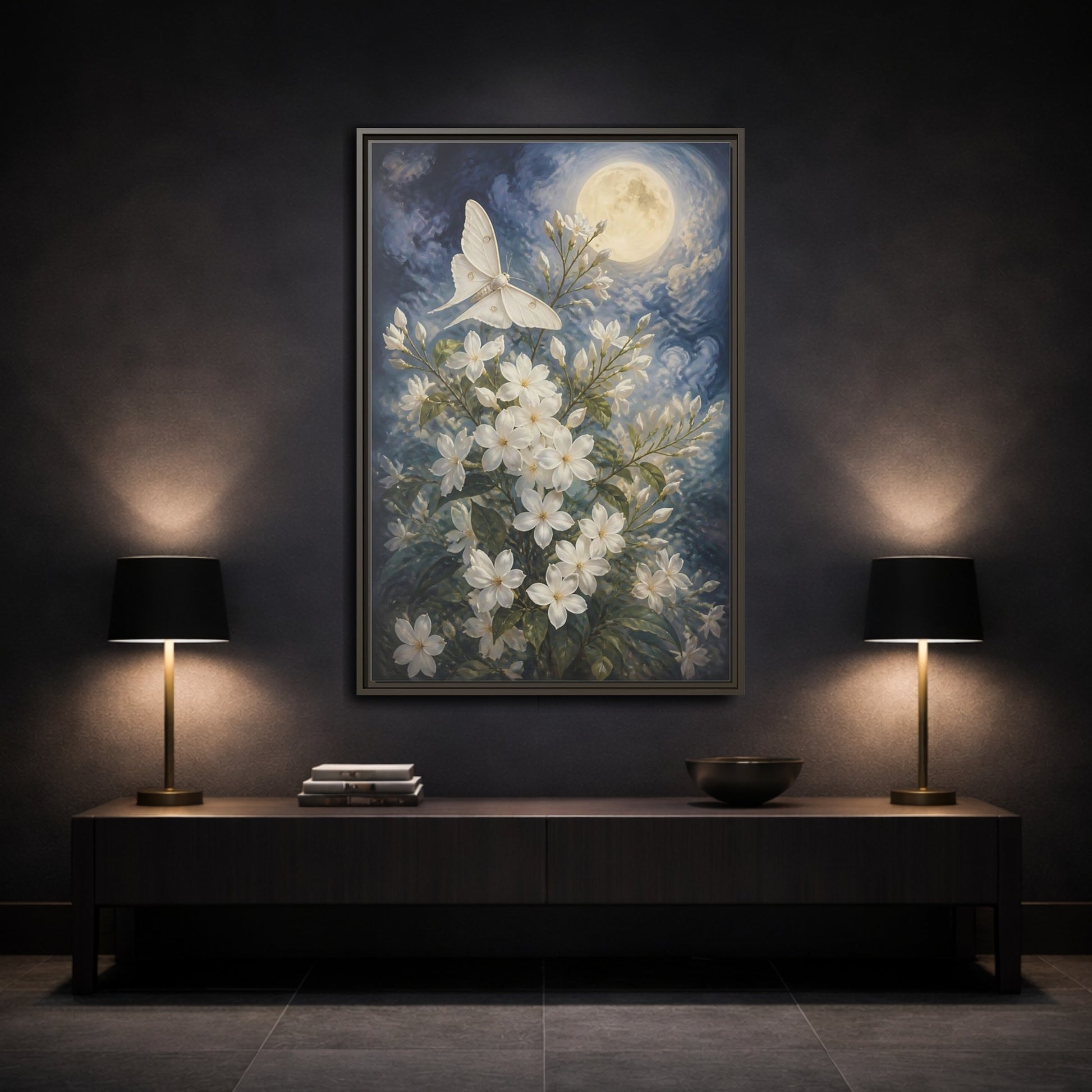 Mockup 3. Moonlit White Blossoms shown as framed canvas print