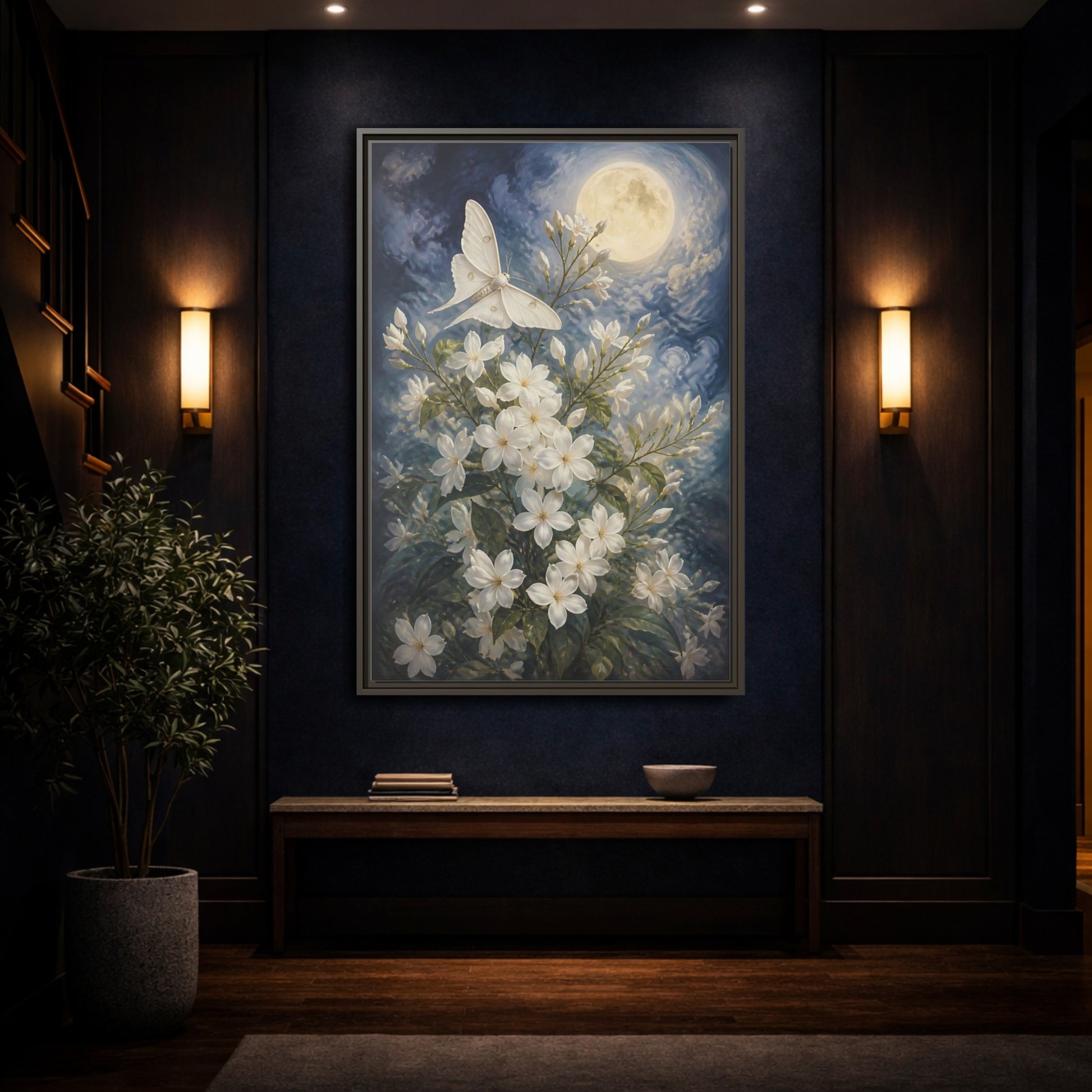 Mockup 4. Moonlit White Blossoms shown as framed canvas print