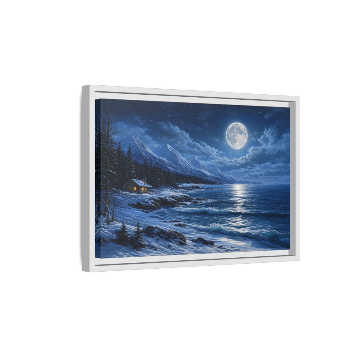 Side Mockup 4. Moonlit Winter Cabin By Sea shown as framed canvas print