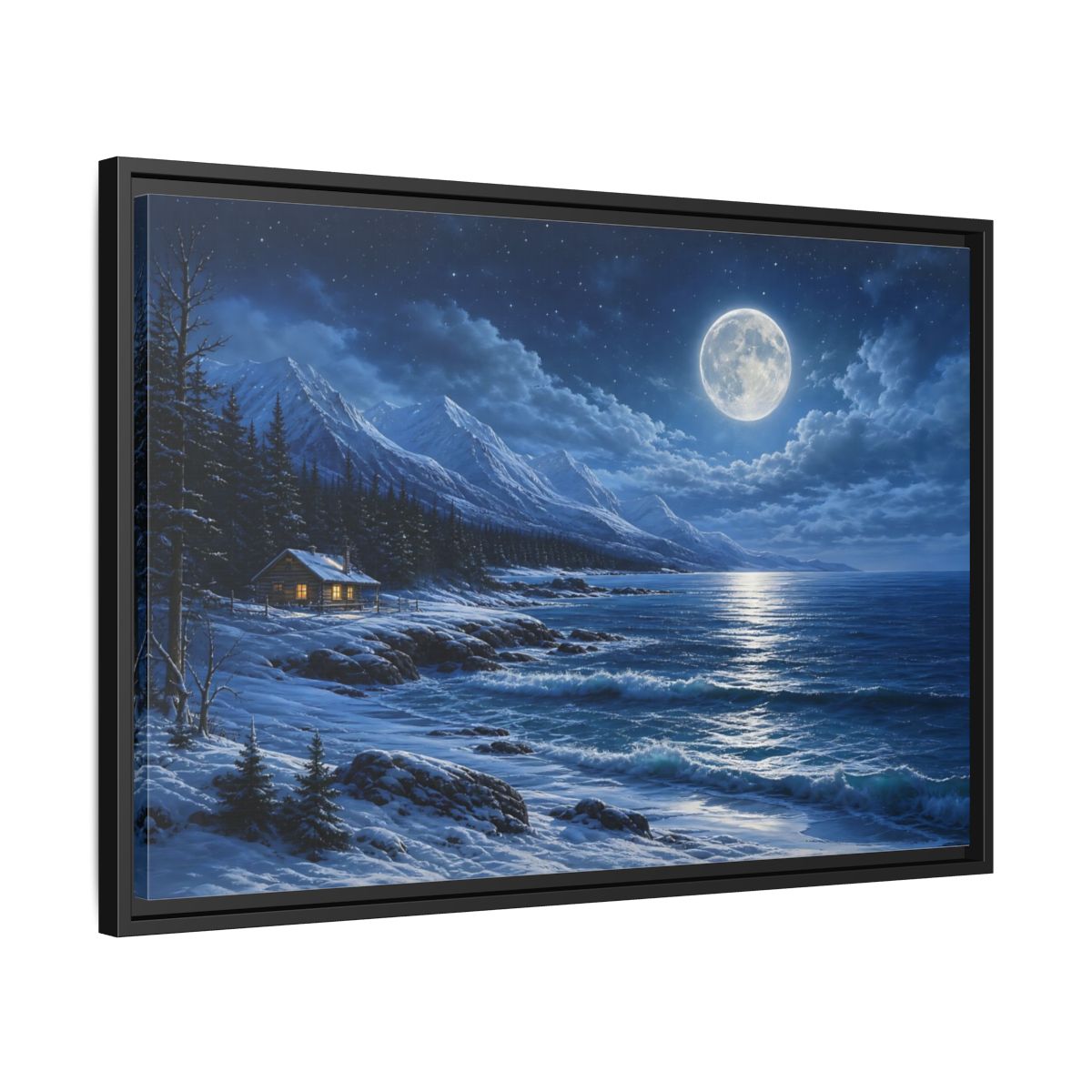 Side Mockup 14. Moonlit Winter Cabin By Sea shown as framed canvas print