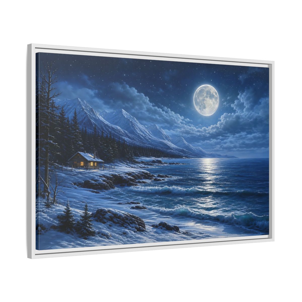 Side Mockup 9. Moonlit Winter Cabin By Sea shown as framed canvas print