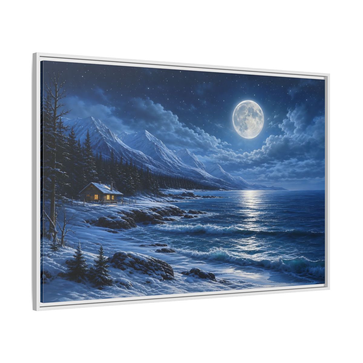 Side Mockup 7. Moonlit Winter Cabin By Sea shown as framed canvas print