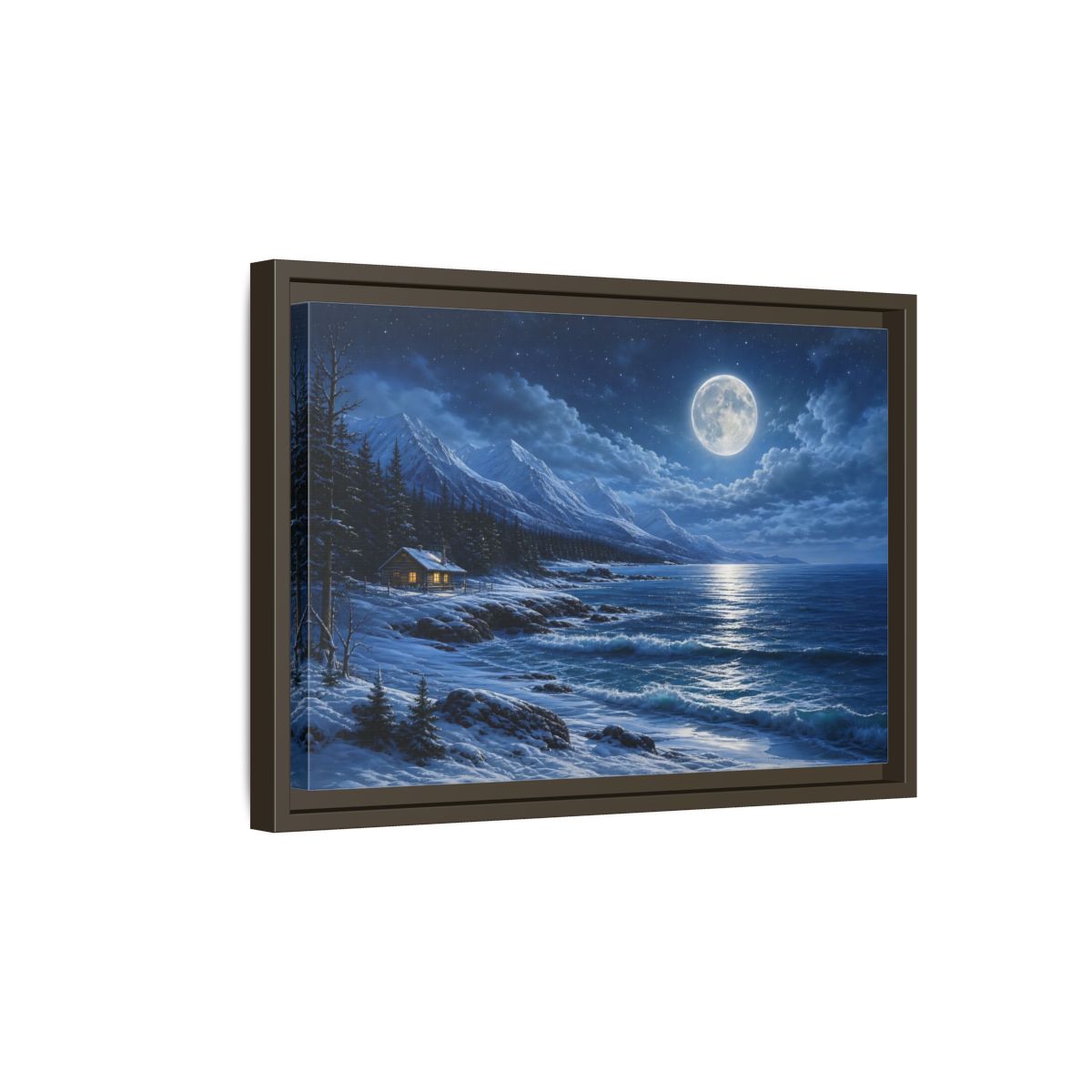 Side Mockup 5. Moonlit Winter Cabin By Sea shown as framed canvas print