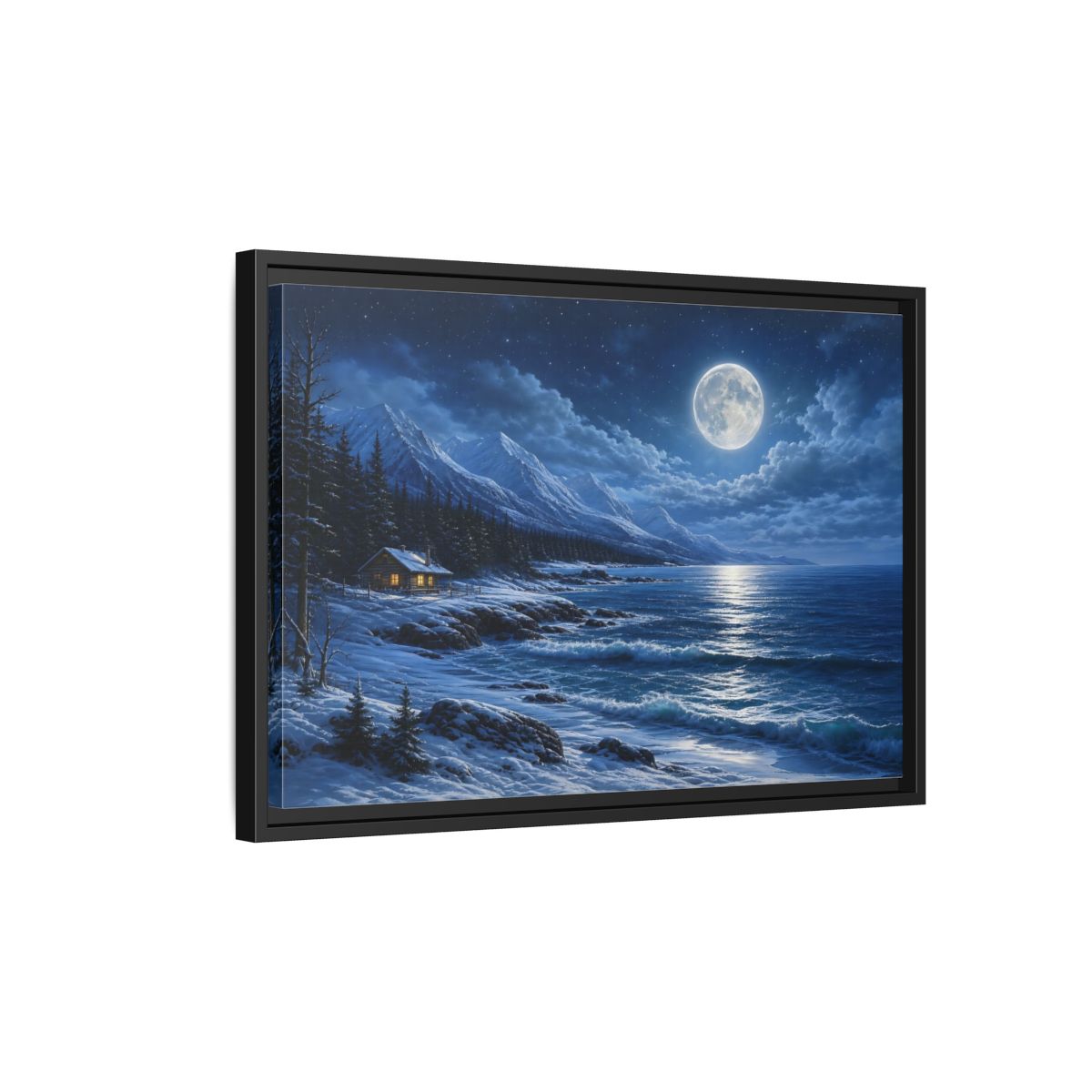Side Mockup 3. Moonlit Winter Cabin By Sea shown as framed canvas print