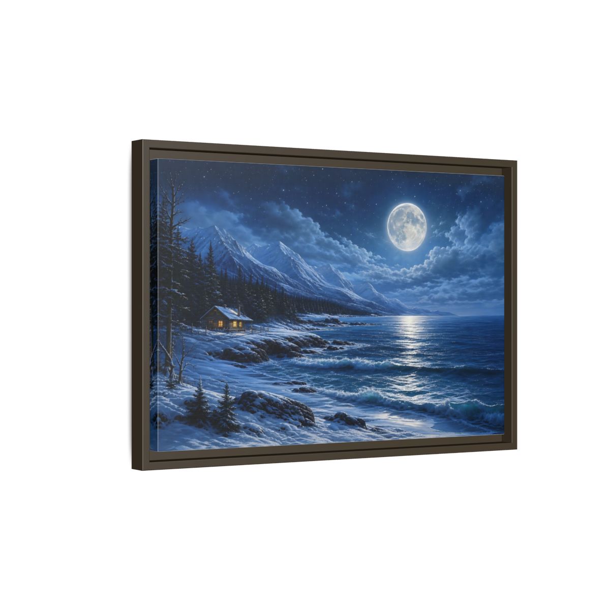 Side Mockup 2. Moonlit Winter Cabin By Sea shown as framed canvas print