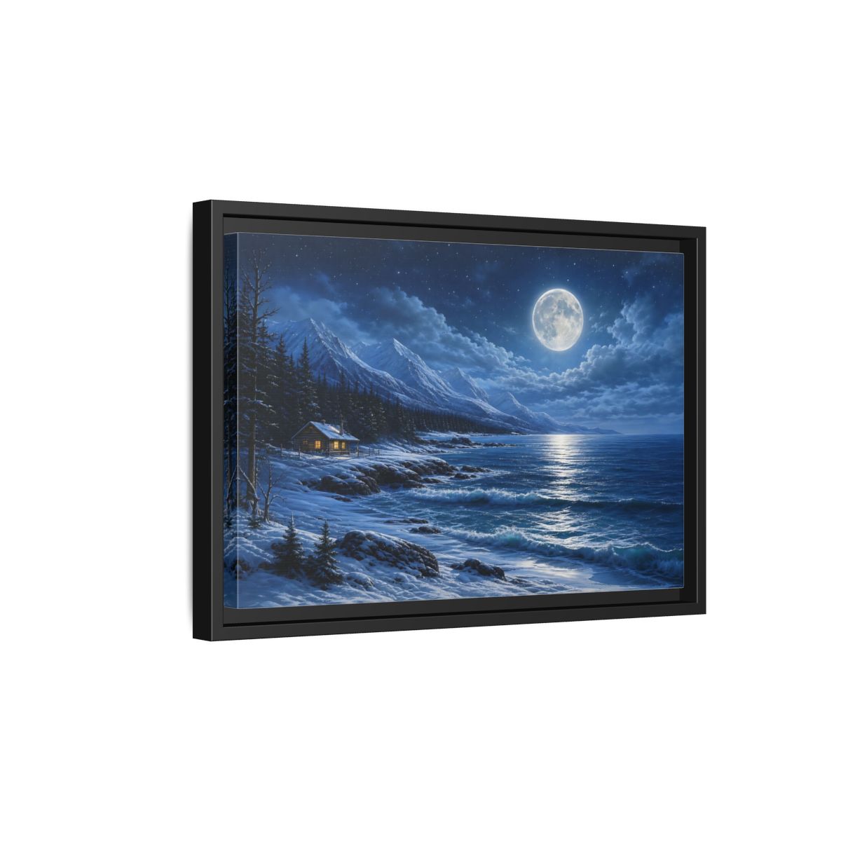 Side Mockup 6. Moonlit Winter Cabin By Sea shown as framed canvas print
