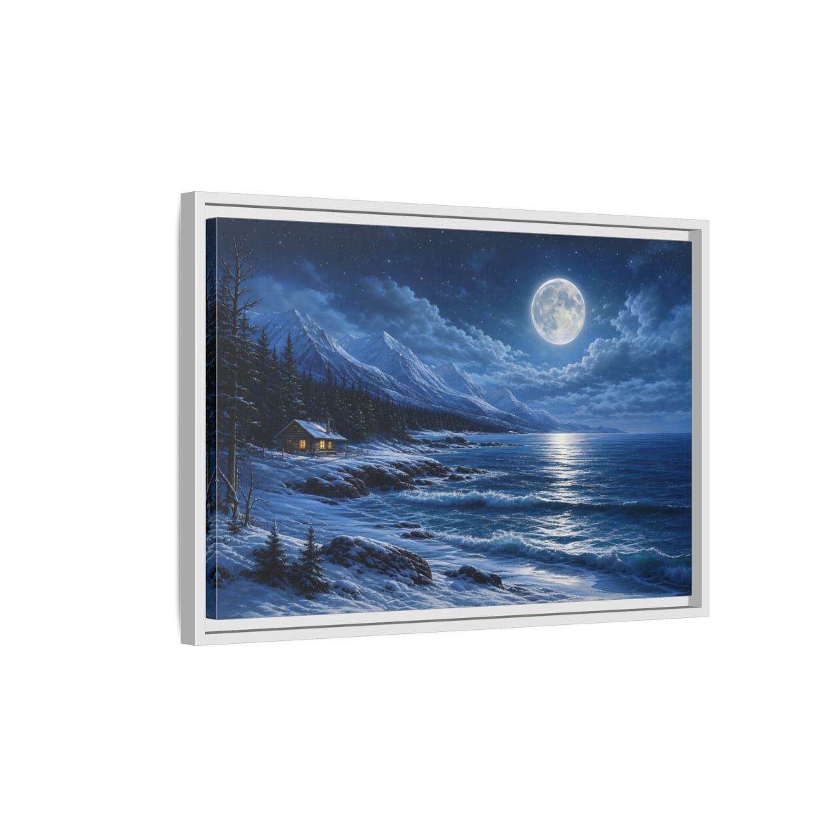 Side Mockup 1. Moonlit Winter Cabin By Sea shown as framed canvas print