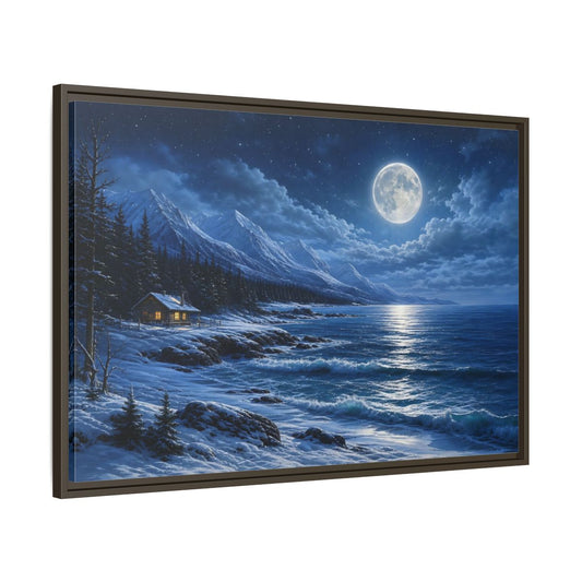 Main Mockup. Moonlit Winter Cabin By Sea shown as framed canvas print