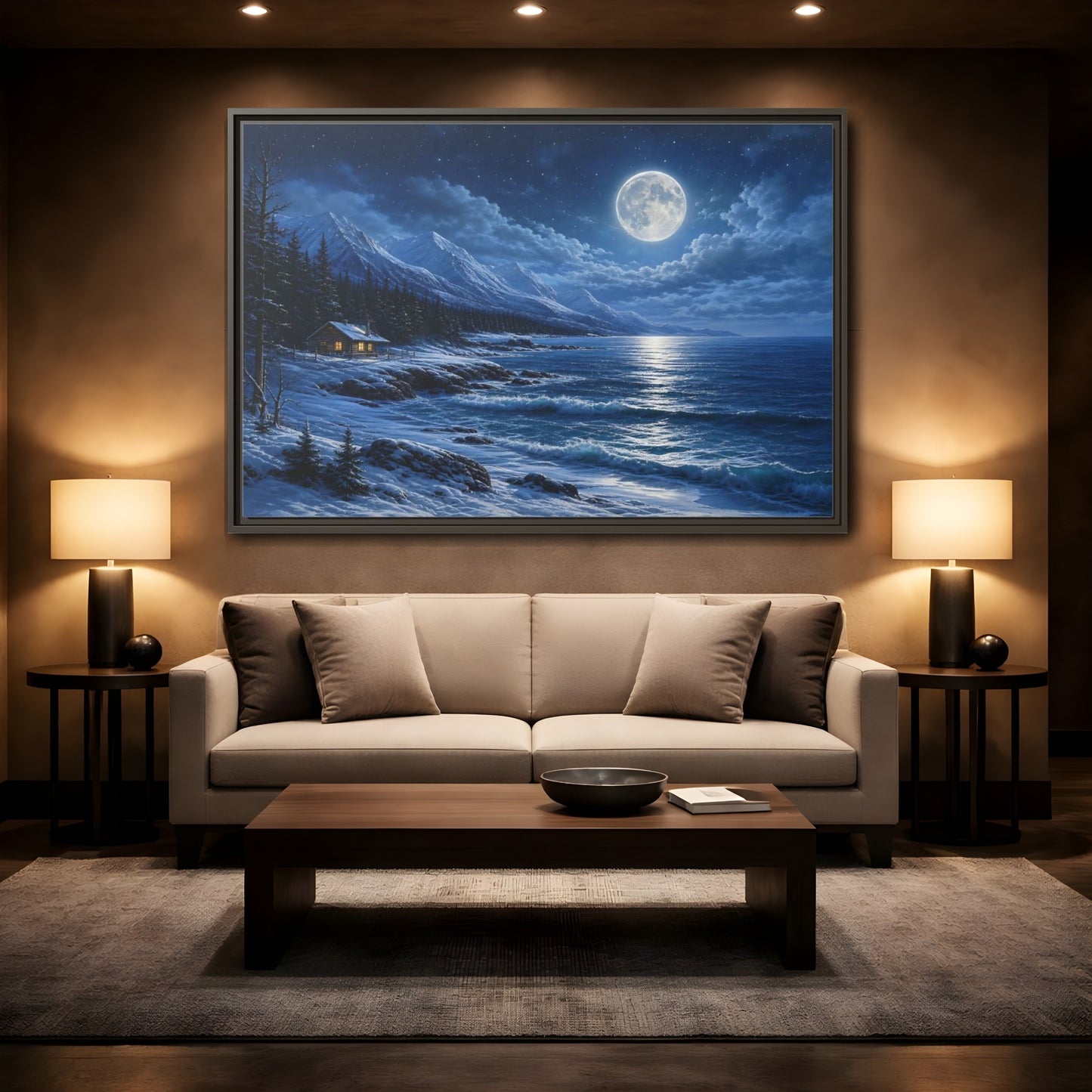 Mockup 2. Moonlit Winter Cabin By Sea shown as framed canvas print