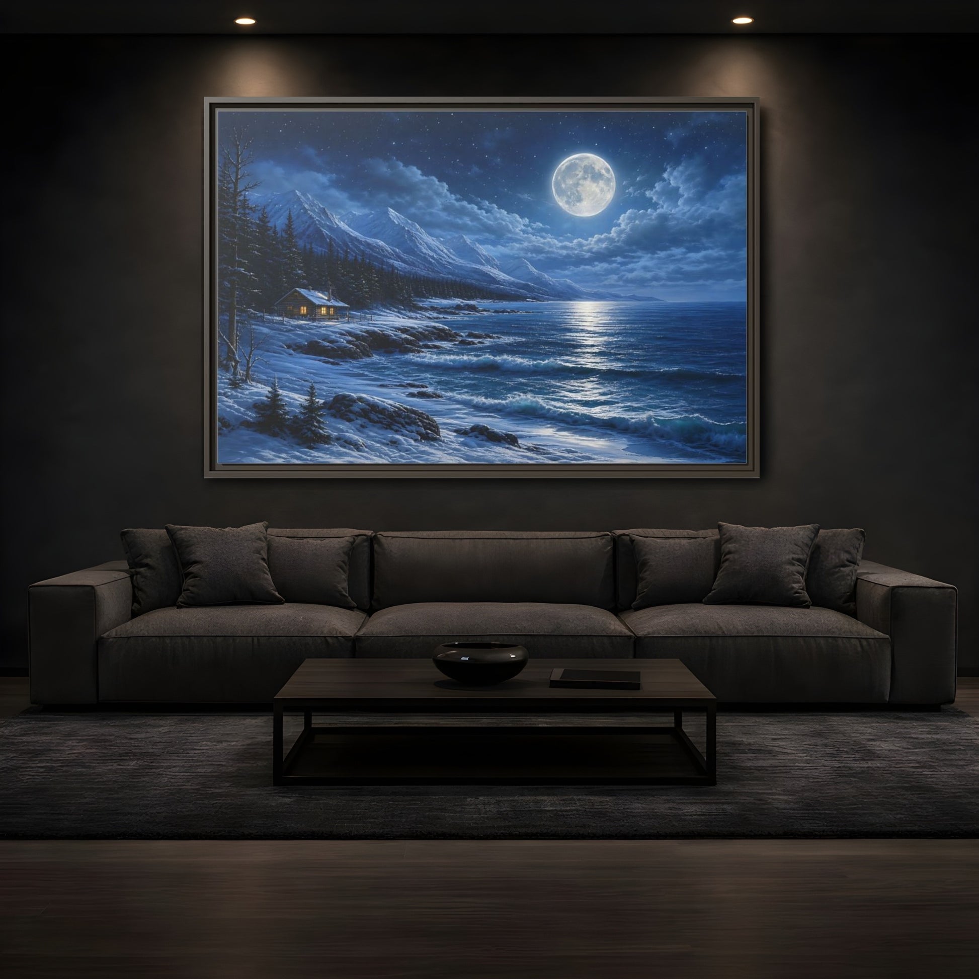 Mockup 3. Moonlit Winter Cabin By Sea shown as framed canvas print