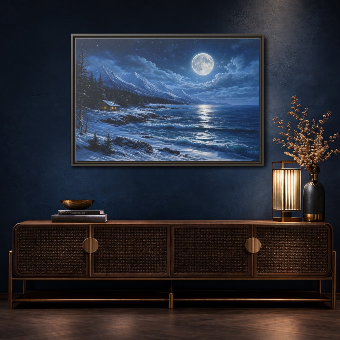 Mockup 4. Moonlit Winter Cabin By Sea shown as framed canvas print
