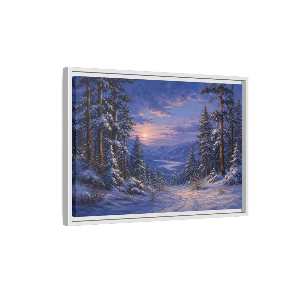 Side Mockup 1. Moonlit Winter Valley shown as framed canvas print