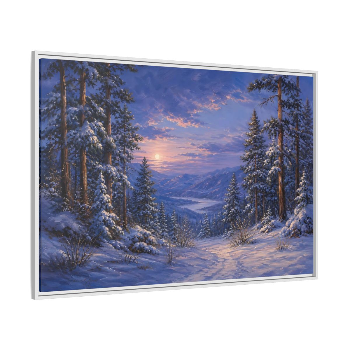 Side Mockup 7. Moonlit Winter Valley shown as framed canvas print