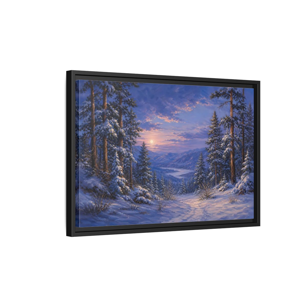 Side Mockup 3. Moonlit Winter Valley shown as framed canvas print
