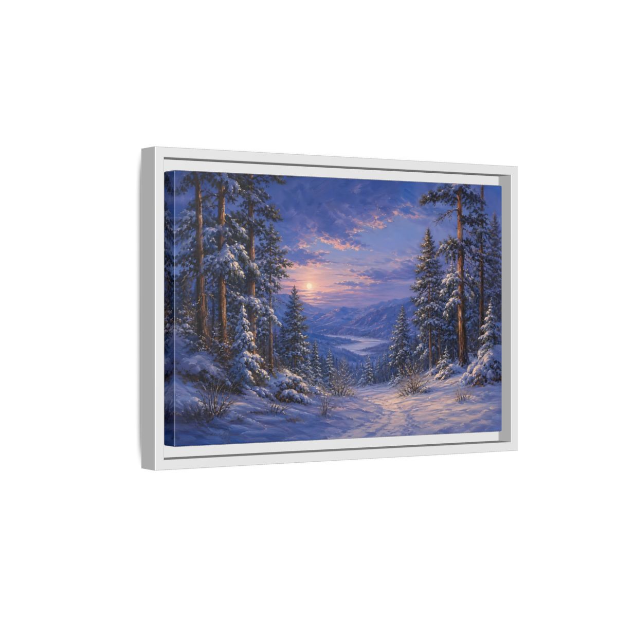 Side Mockup 4. Moonlit Winter Valley shown as framed canvas print