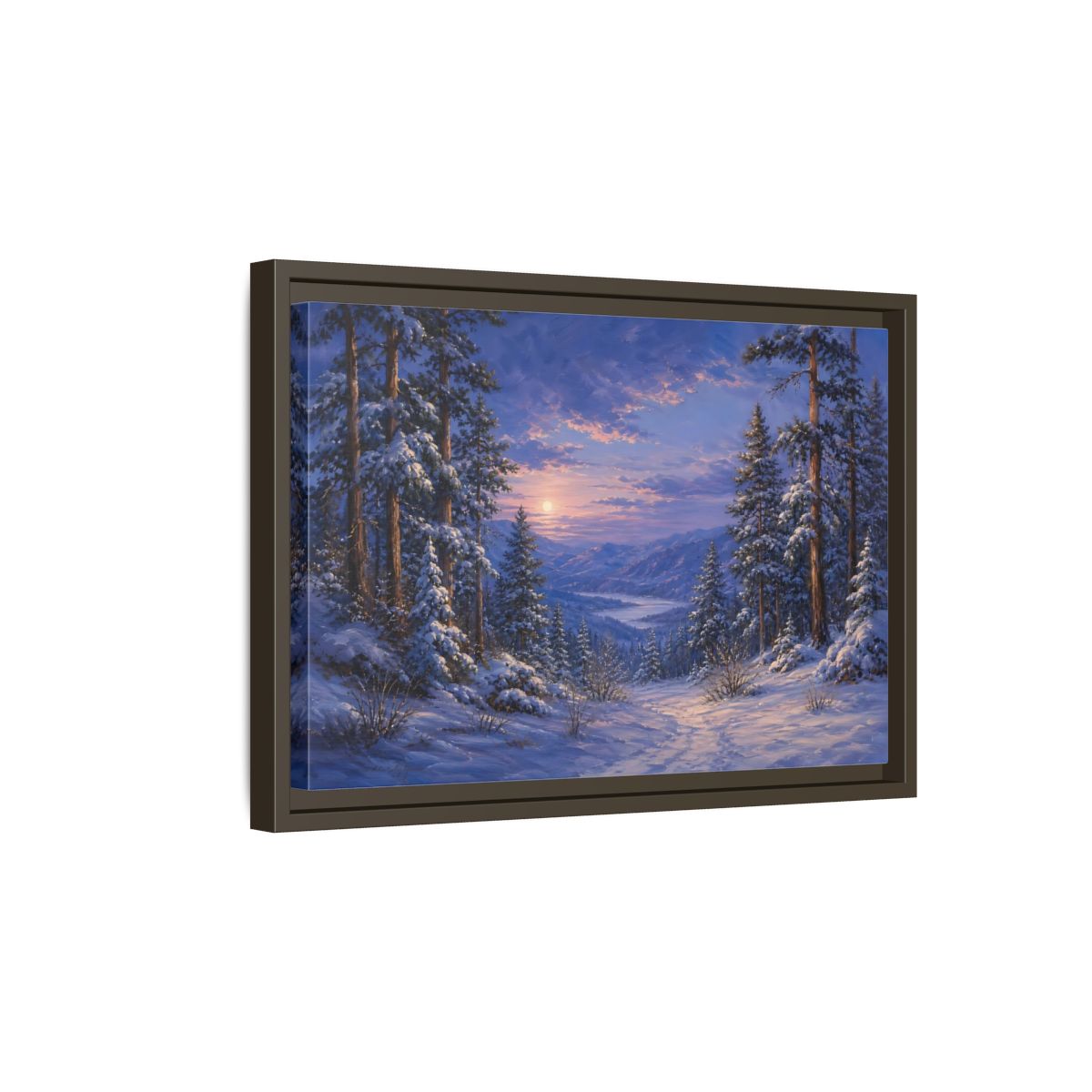 Side Mockup 5. Moonlit Winter Valley shown as framed canvas print