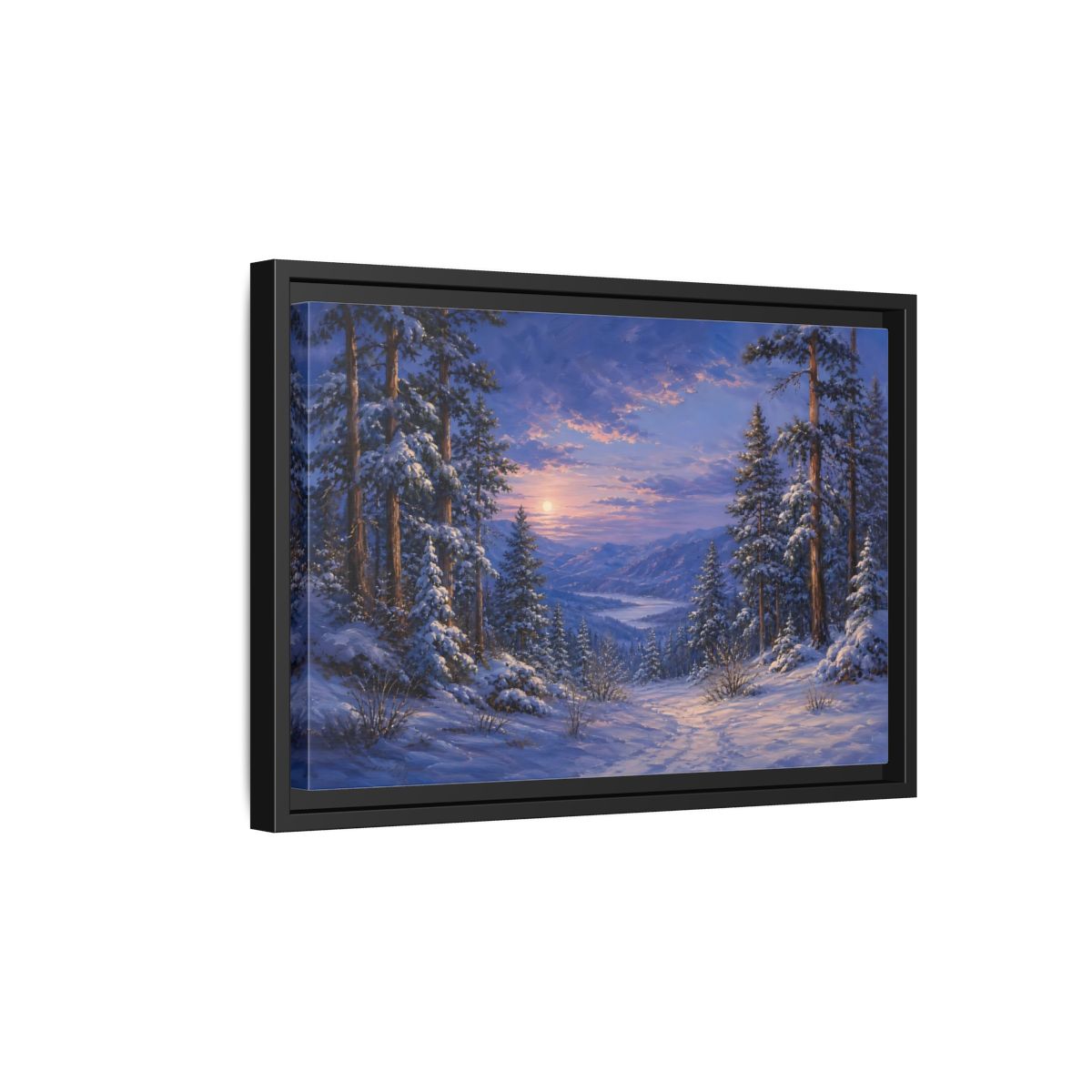Side Mockup 6. Moonlit Winter Valley shown as framed canvas print