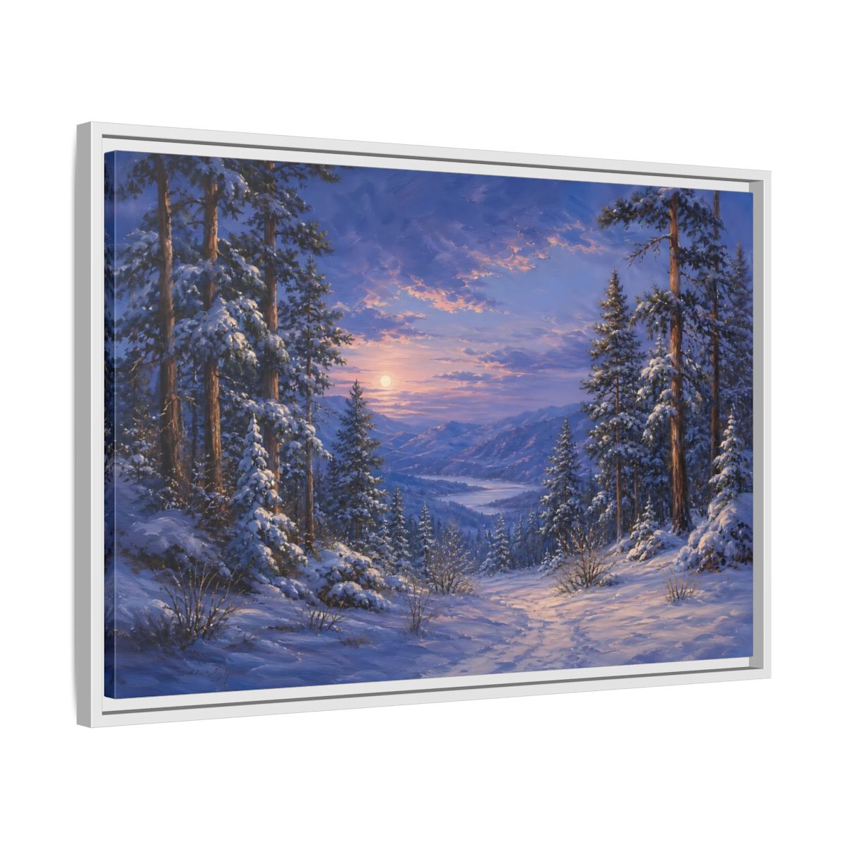 Side Mockup 10. Moonlit Winter Valley shown as framed canvas print