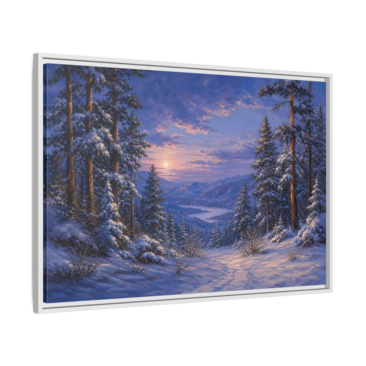 Side Mockup 9. Moonlit Winter Valley shown as framed canvas print