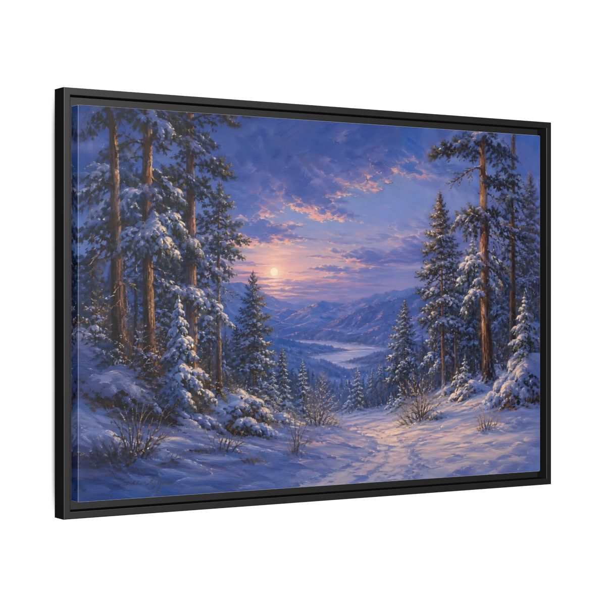 Side Mockup 13. Moonlit Winter Valley shown as framed canvas print