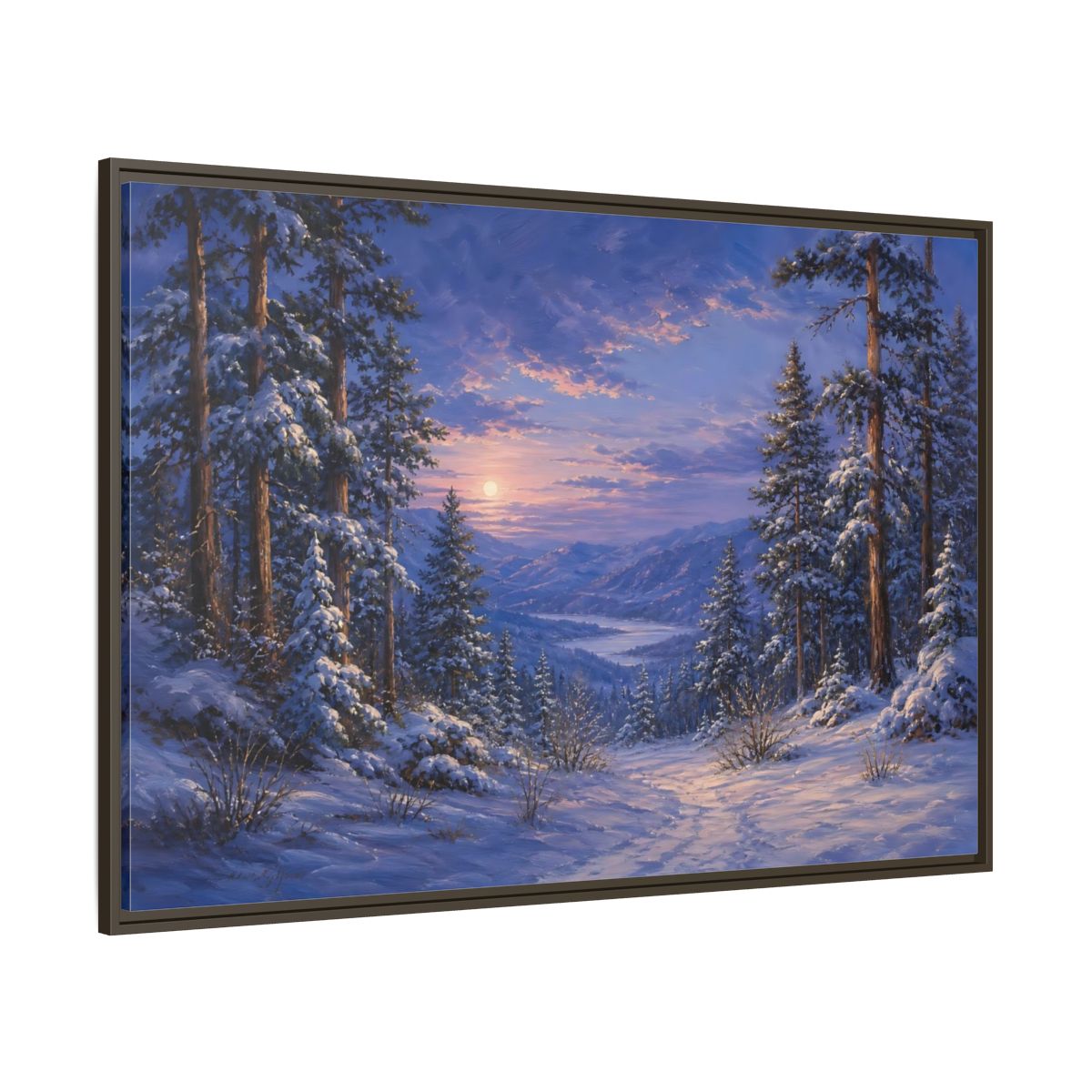 Side Mockup 8. Moonlit Winter Valley shown as framed canvas print