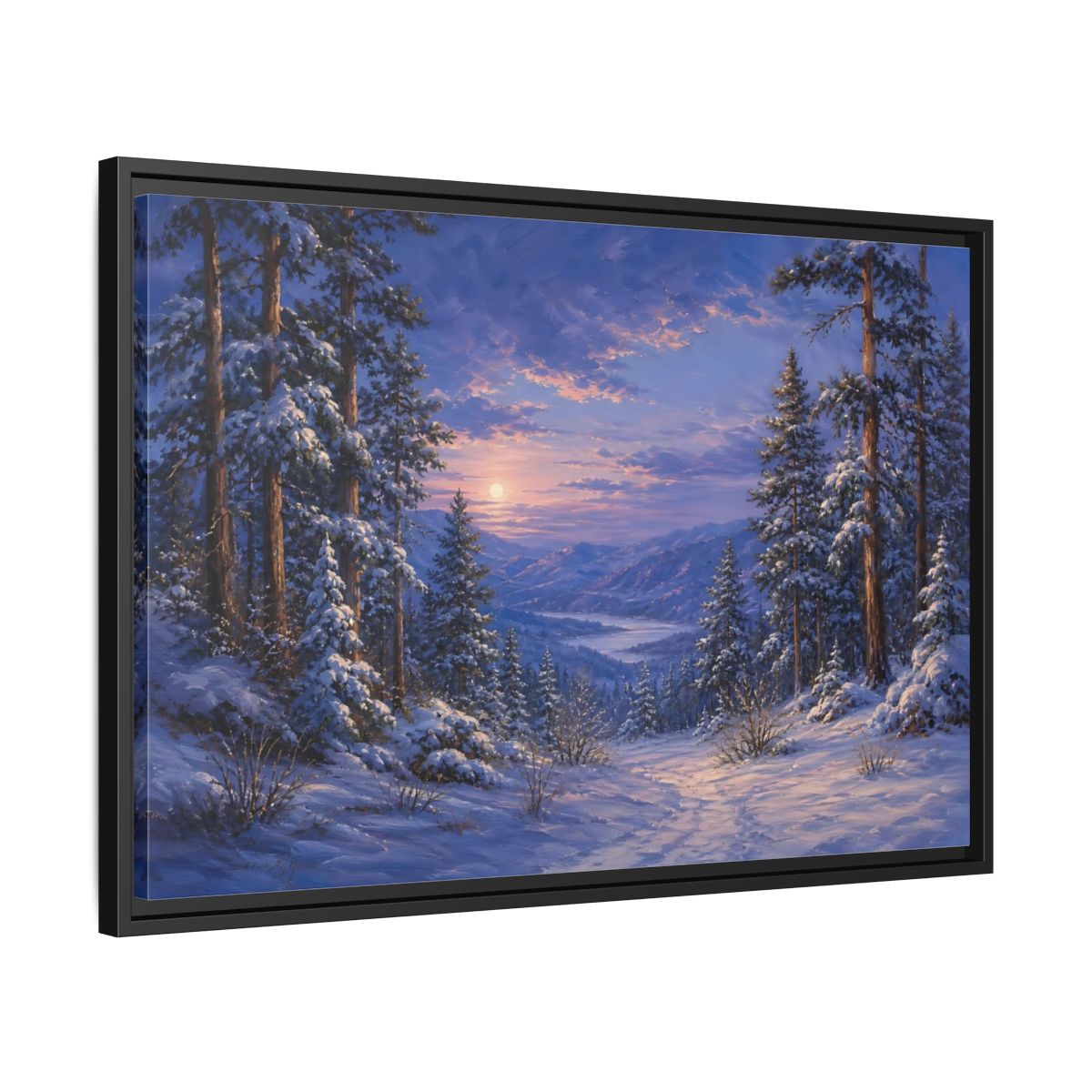 Side Mockup 14. Moonlit Winter Valley shown as framed canvas print