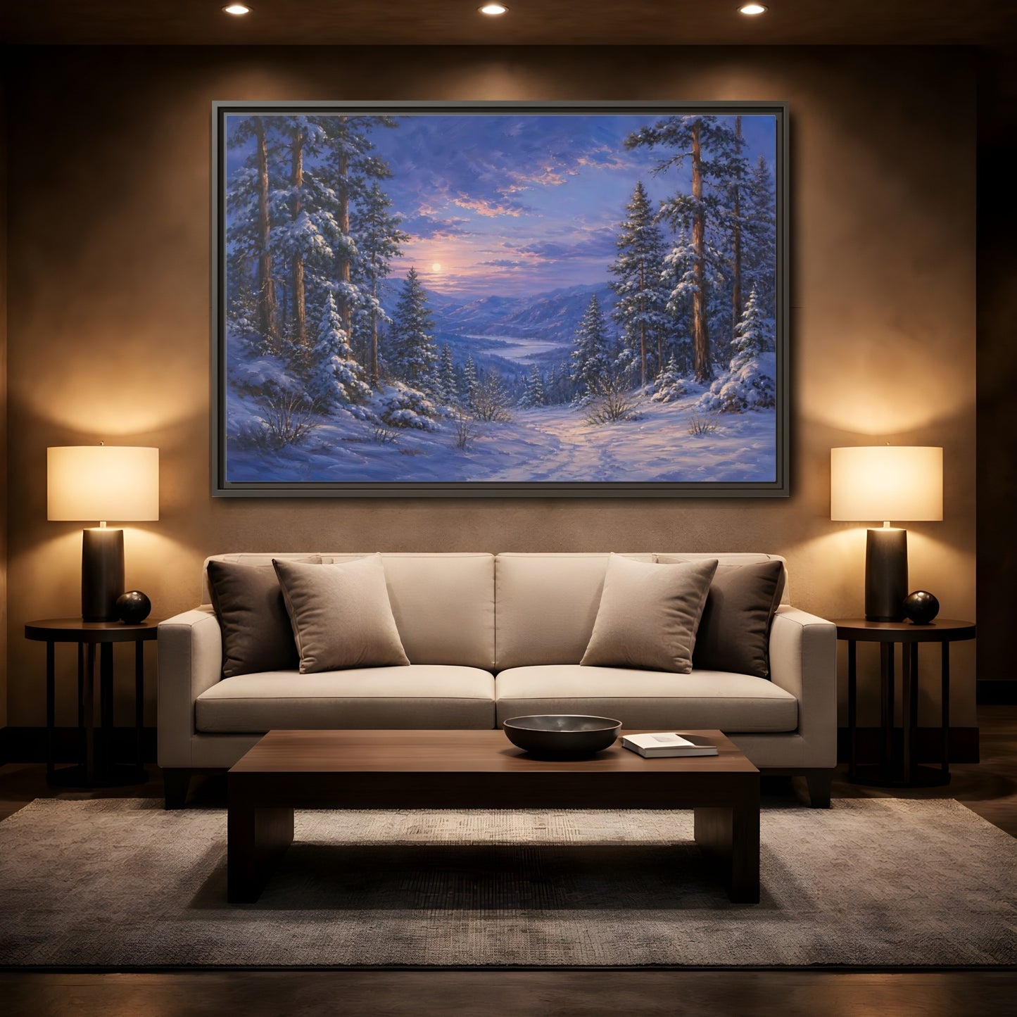 Mockup 2. Moonlit Winter Valley shown as framed canvas print