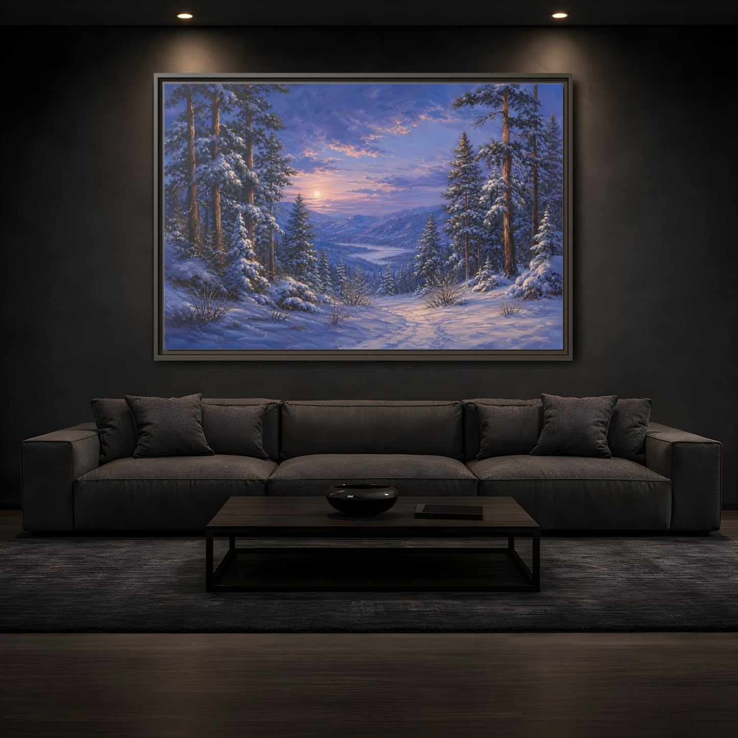 Mockup 3. Moonlit Winter Valley shown as framed canvas print