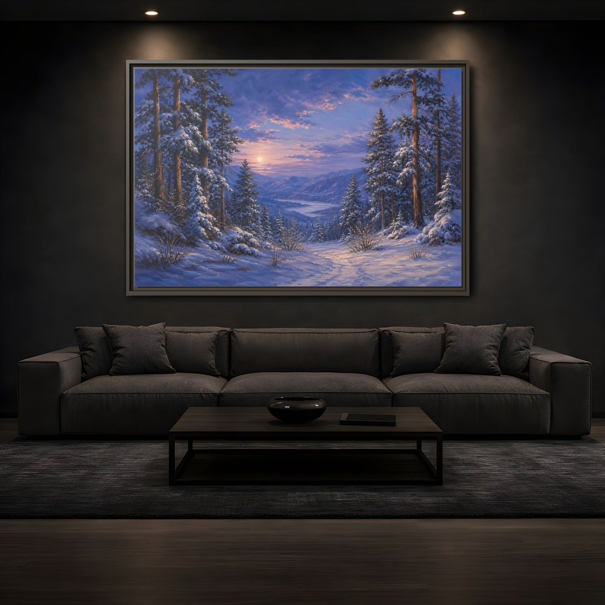 Mockup 3. Moonlit Winter Valley shown as framed canvas print