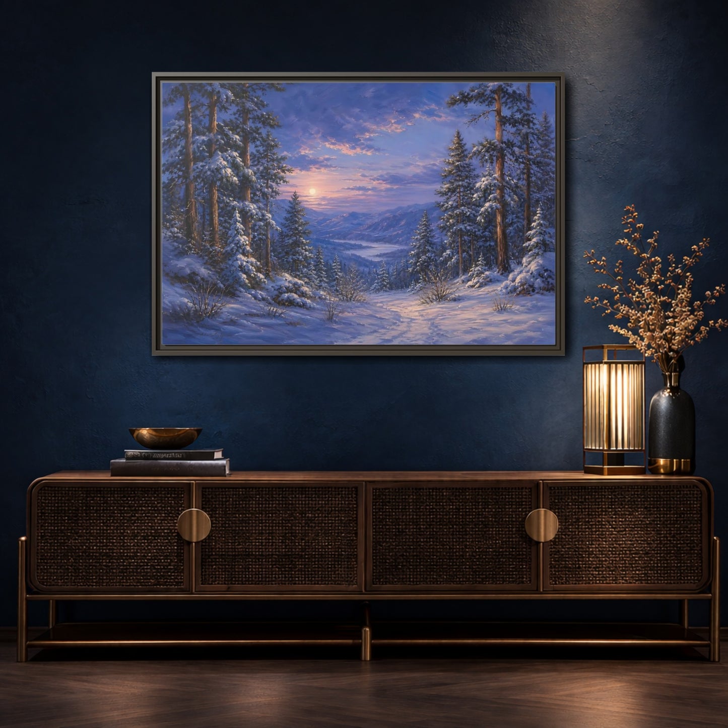 Mockup 4. Moonlit Winter Valley shown as framed canvas print