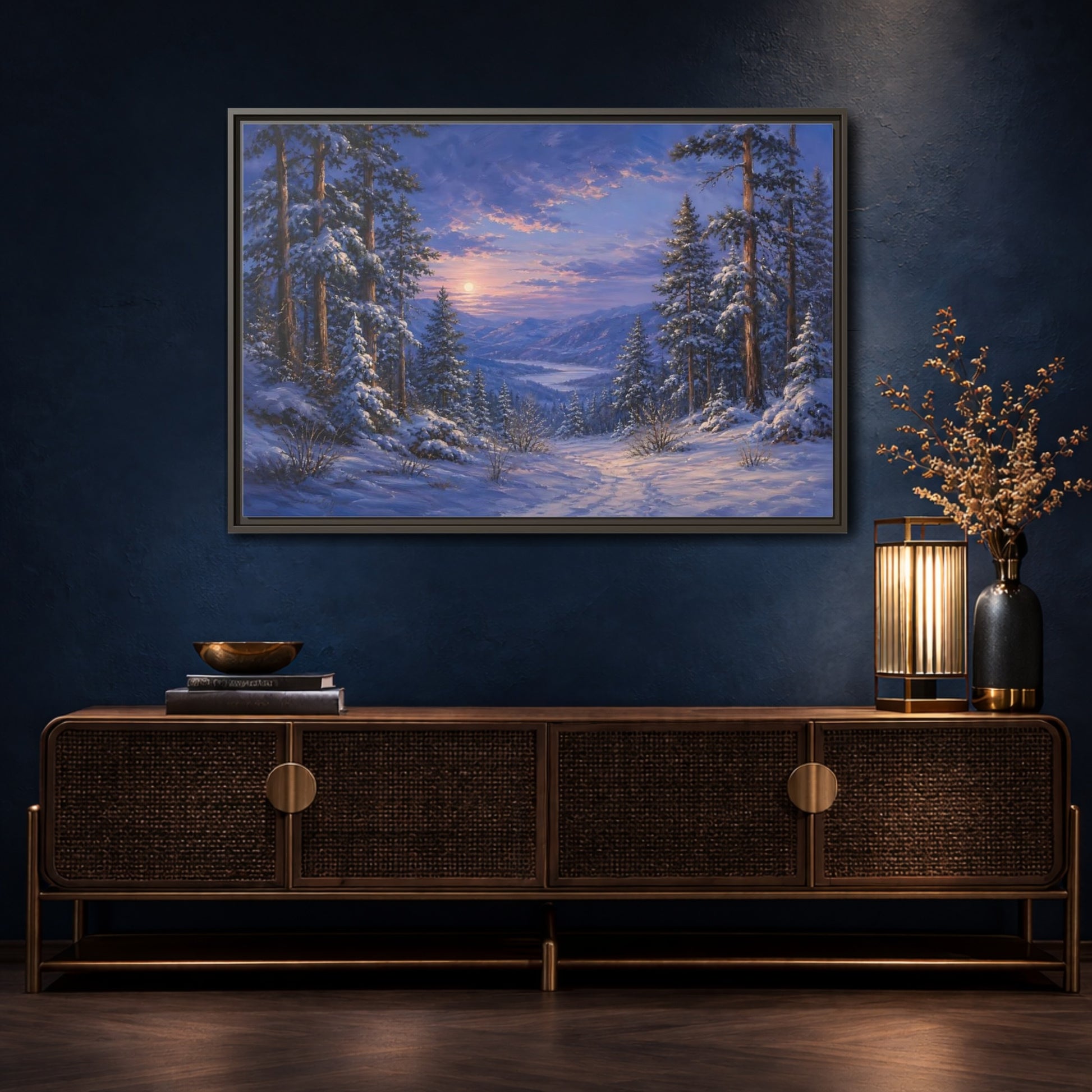 Mockup 4. Moonlit Winter Valley shown as framed canvas print