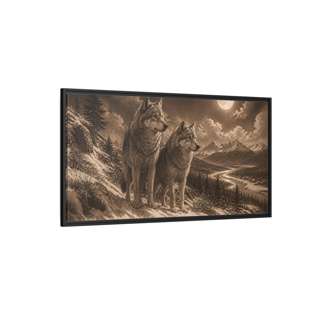 Side Mockup 5. Moonlit Wolf Pair shown as framed canvas print