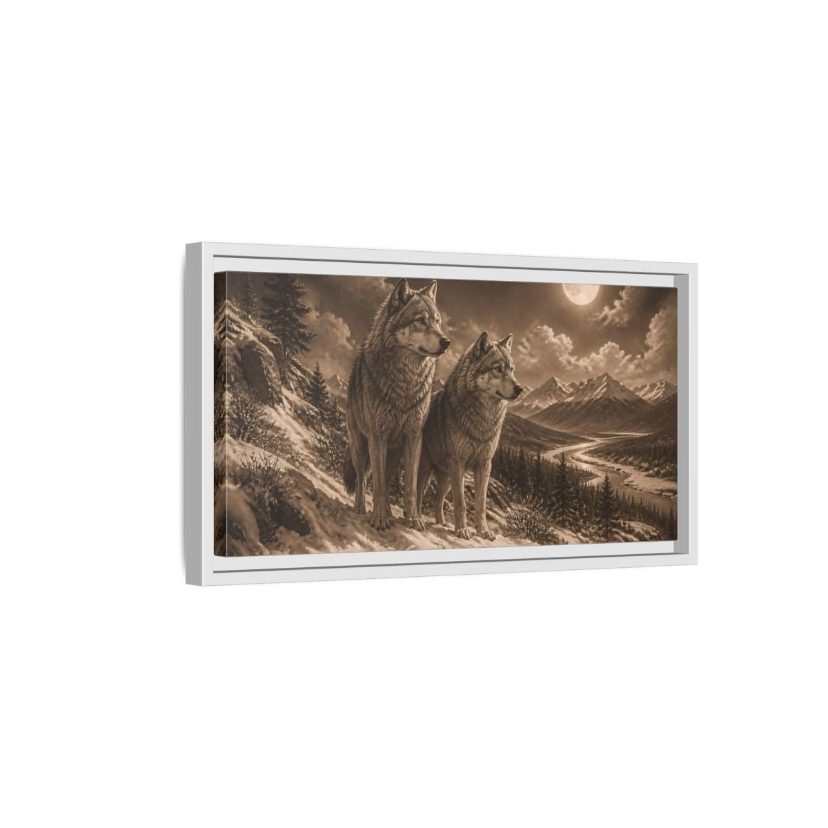 Side Mockup 6. Moonlit Wolf Pair shown as framed canvas print