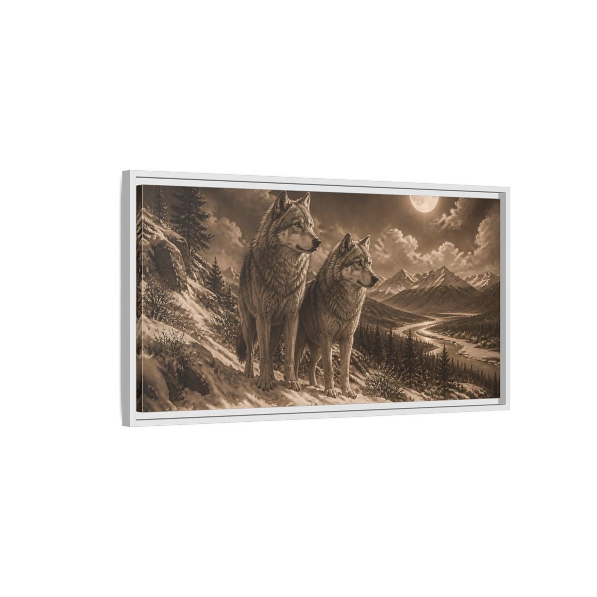 Side Mockup 1. Moonlit Wolf Pair shown as framed canvas print