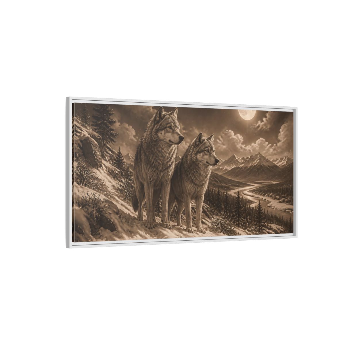 Side Mockup 3. Moonlit Wolf Pair shown as framed canvas print